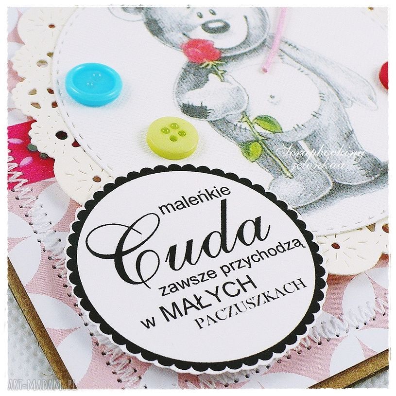 handmade scrapbooking kartki dziecięca kartka z misiem róża miś